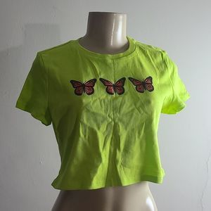 Neon Green Butterfly Print Crop Top Size Large